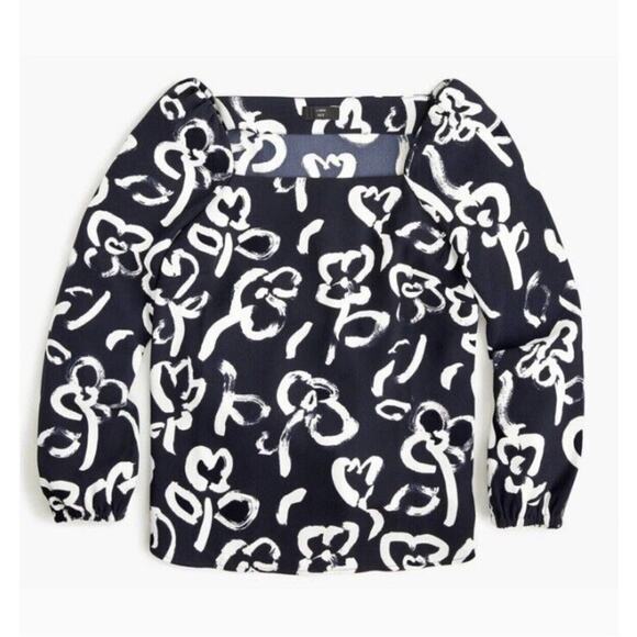 J Crew Floral Brush Stroke Top Sz 6 Crepe Navy Ivory Puff Sleeves Square Neck‎ - Picture 2 of 11